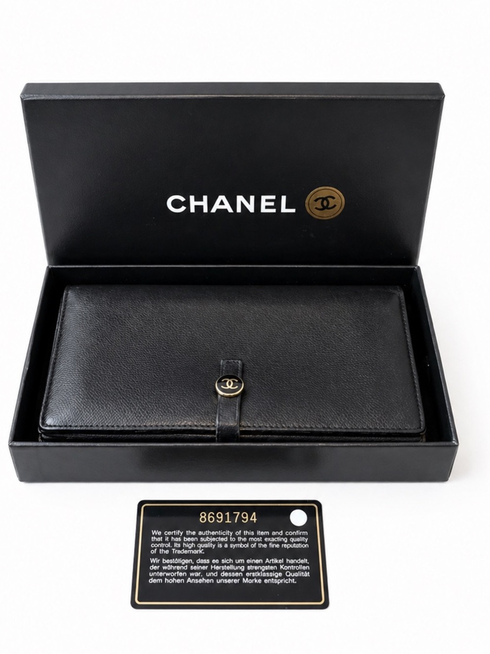 CHANEL Black Lambskin Double Flap Leather Long Wallet.